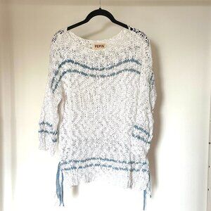Pepin White Cotton Boho Open Weave Sweater with Denim Accents 3/4 sleeves size M
